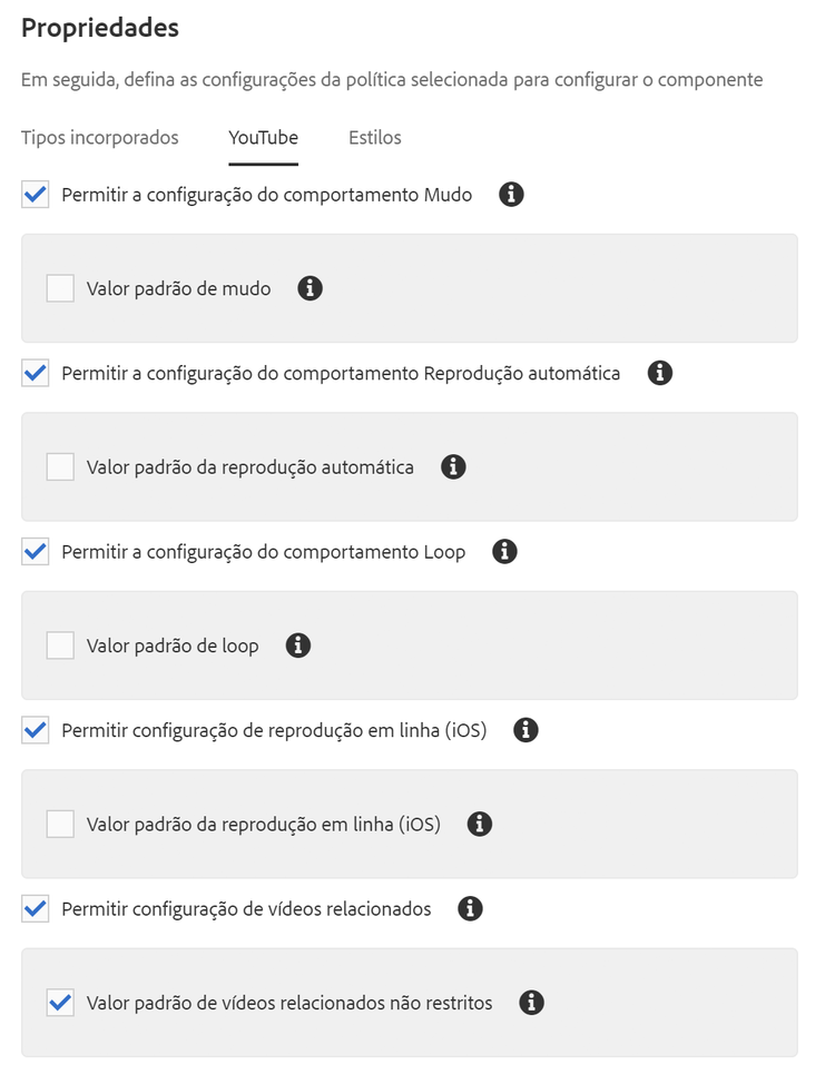 Guia YouTube da caixa de diálogo de design do componente de Incorporação