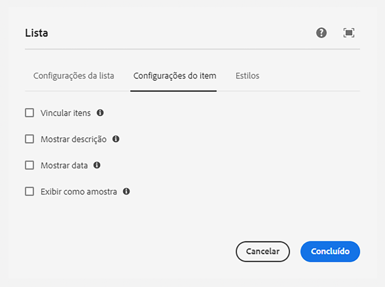 Configurações do item