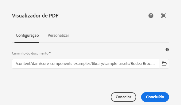 Guia Configuração, da caixa de diálogo de edição, do componente de Visualizador de PDF