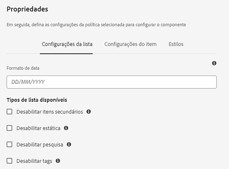 Configuração da lista da caixa de diálogo de design do componente de Lista