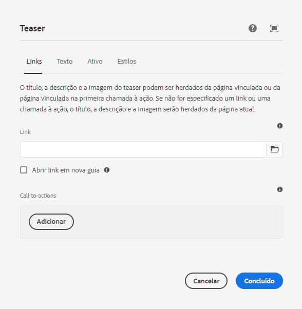 Guia Links da caixa de diálogo de edição do componente de teaser