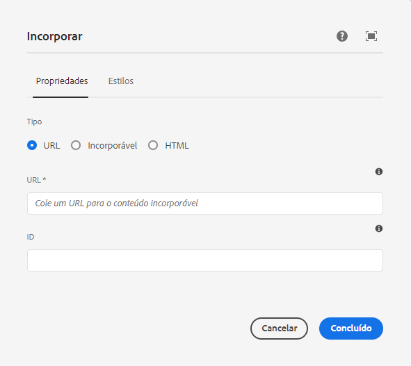 Caixa de diálogo de edição do componente de Incorporação para o URL
