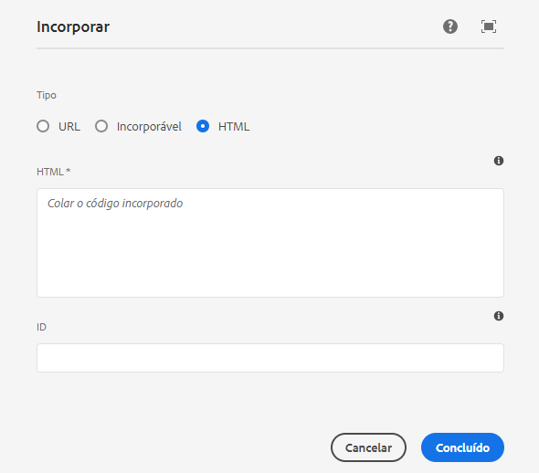 Caixa de diálogo de edição do componente de Incorporação para HTML