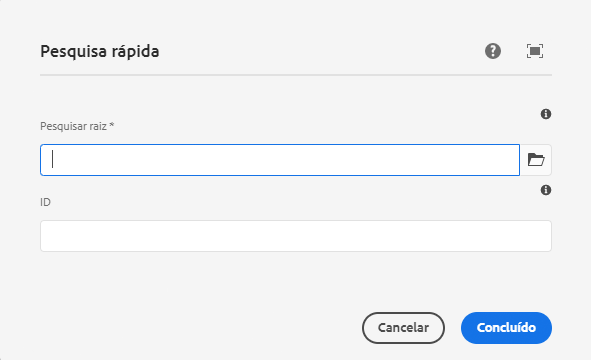 Caixa de diálogo de edição do componente de Pesquisa rápida