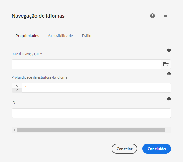 Caixa de diálogo de edição do componente Navegação por idiomas