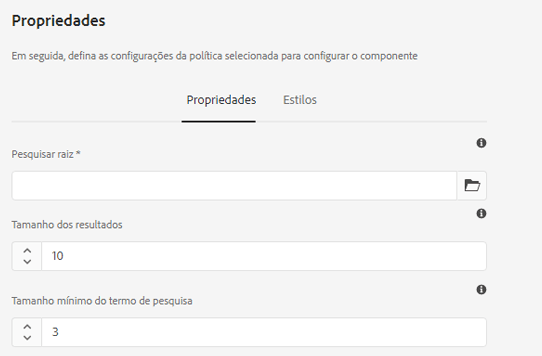 Caixa de diálogo de design do componente de Pesquisa rápida