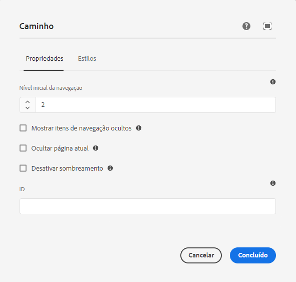 Caixa de diálogo de edição do componentes de Navegação estrutural