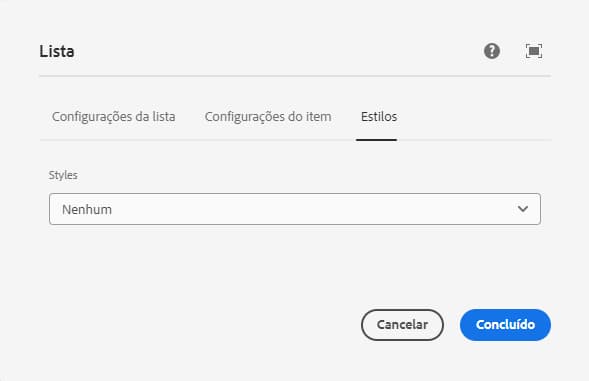 Guia Estilos da caixa de diálogo de edição do componente de lista