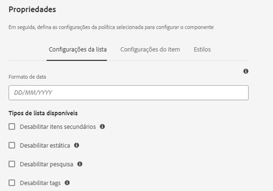 Configuração da lista da caixa de diálogo de design do componente de Lista