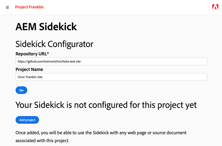 Configurador de Sidekick com extensão de Sidekick instalada e projeto ainda não configurado