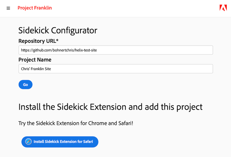 Configurador de Sidekick sem extensão de Sidekick instalada