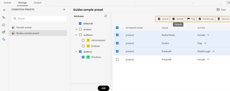 Predefinições de condição no editor da Web