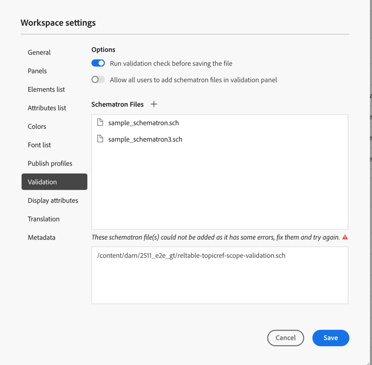 Validação nas configurações do espaço de trabalho