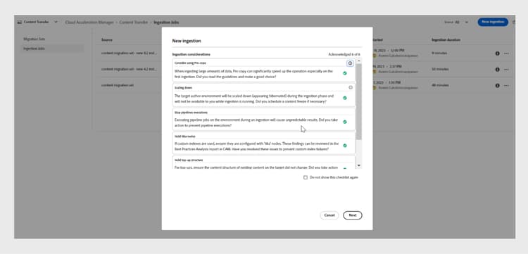 confirmar verificações de migração