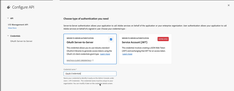 Bloco de credenciais do OAuth na API de configuração