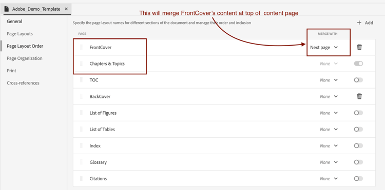Mesclando capa frontal com capítulo: captura de tela mostrando configurações de modelo de PDF nativo
