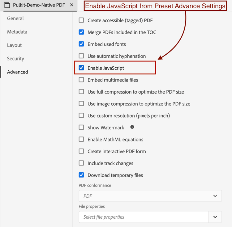 Habilitar configuração de predefinição do JavaScript: captura de tela mostrando a configuração de Predefinição para habilitar o JavaScript