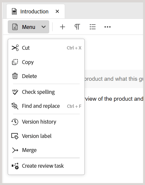 Menu suspenso da barra de ferramentas do Editor