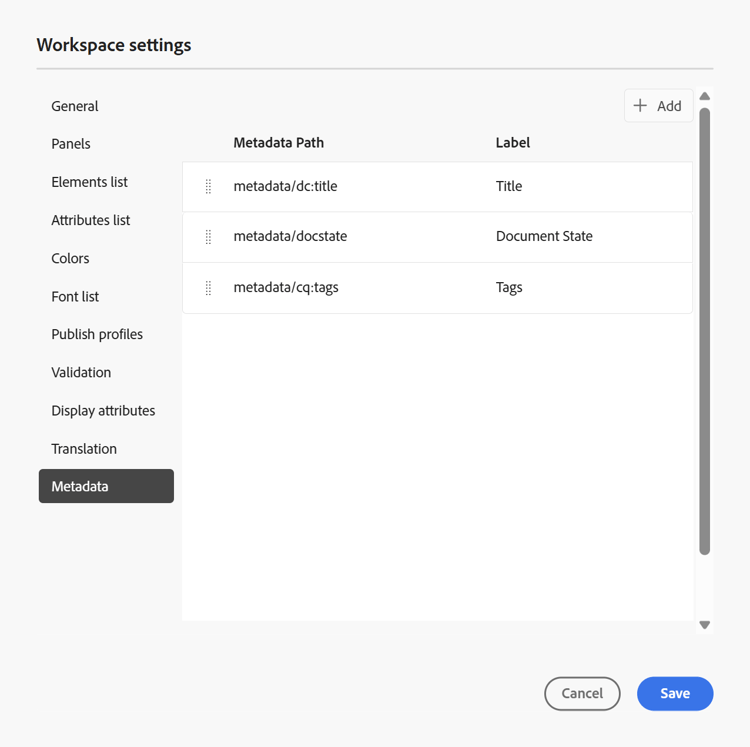 guia de metadados nas configurações do editor