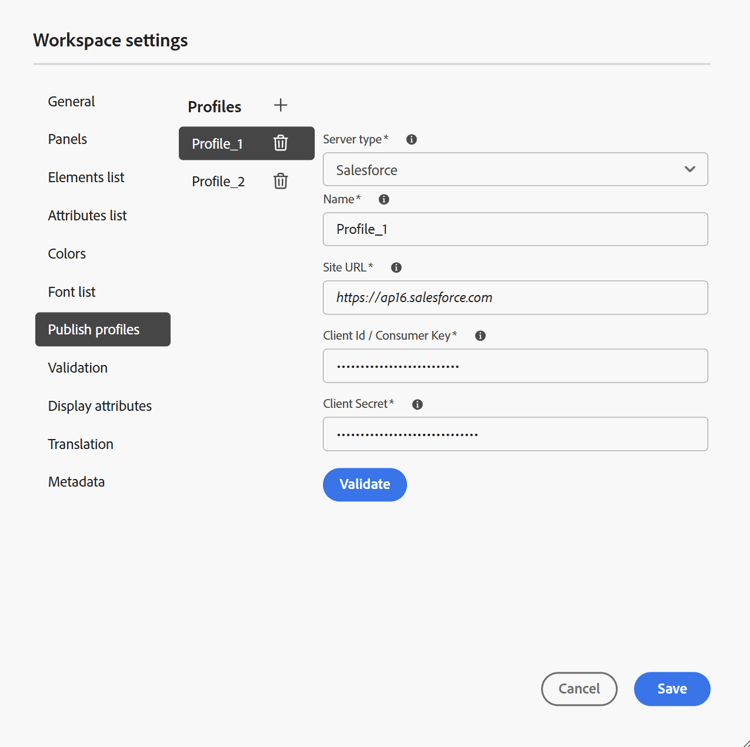 perfil de publicação do salesforce nas configurações do editor