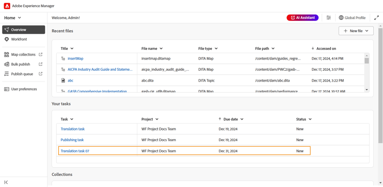 Tarefas de tradução no widget Suas tarefas