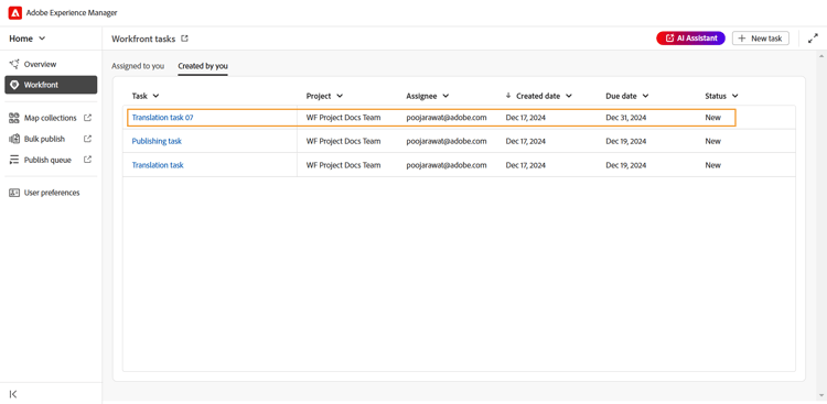 Tarefas de tradução na guia Atribuído a você