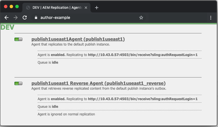 captura de tela do agente de replicação padrão da página da Web do AEM /etc/replication.html