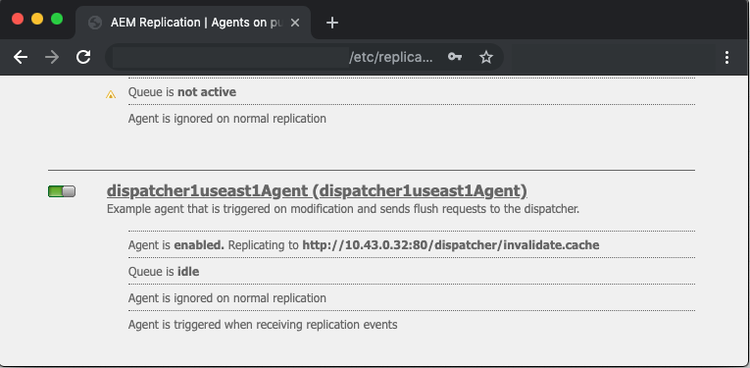 captura de tela do agente de replicação de liberação padrão da página da Web do AEM /etc/replication.html