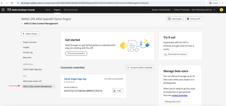 Configuração da API do AEM