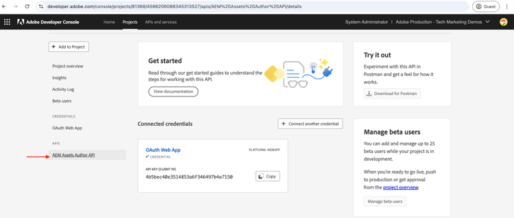 Configuração da API do AEM