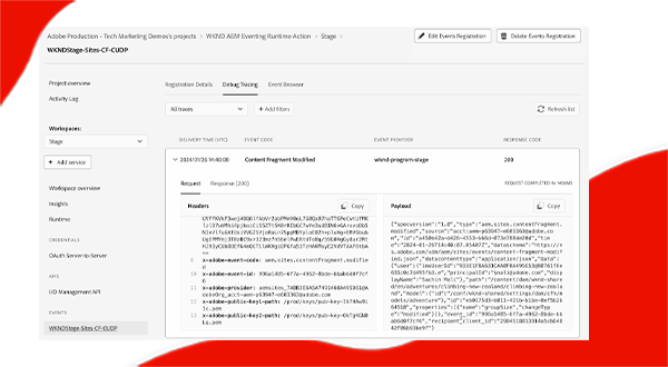 Ação Receber eventos de AEM no Adobe I/O Runtime