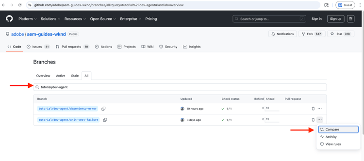Comparar ramificações