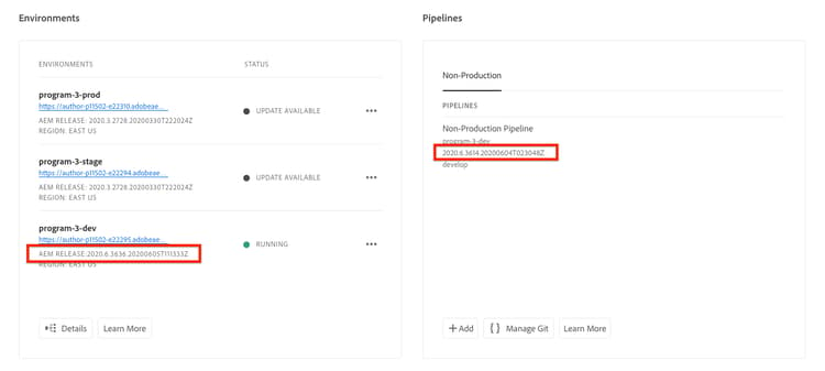 O pipeline do Cloud Manager contém uma versão antiga do AEM