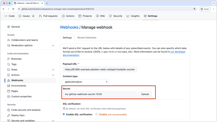 Segredo do Webhook do Github