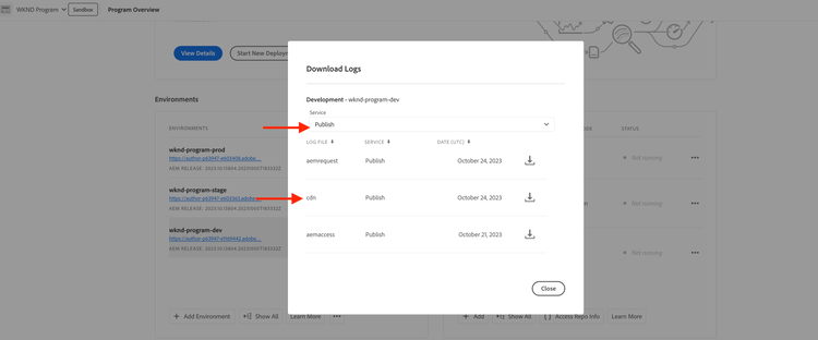 Downloads de Registros CDN da Cloud Manager