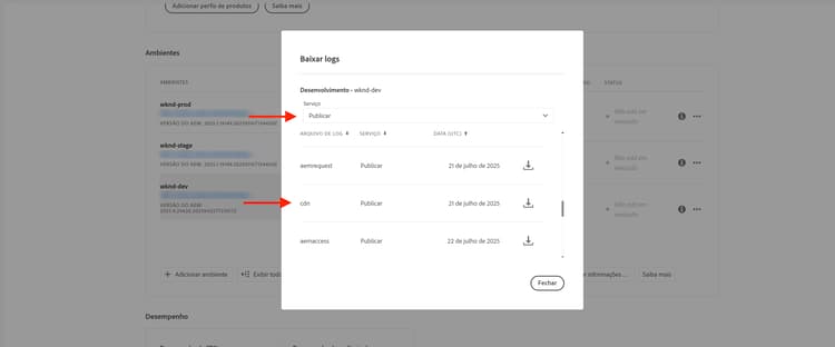 Downloads de logs da CDN do Cloud Manager