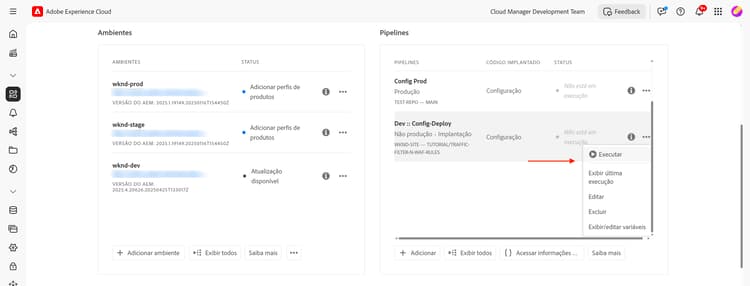 Pipeline de configuração do Cloud Manager