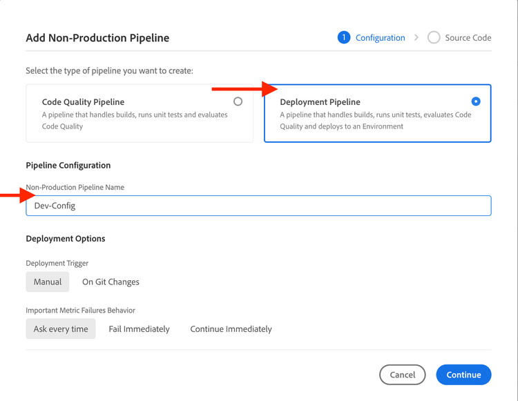 Caixa de diálogo Pipeline de configuração do Cloud Manager