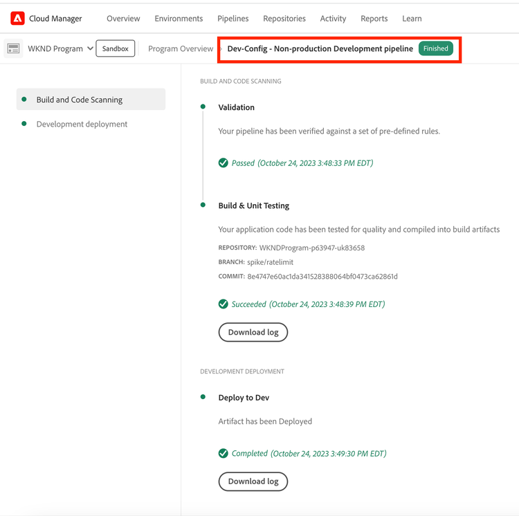 Pipeline de configuração do Cloud Manager