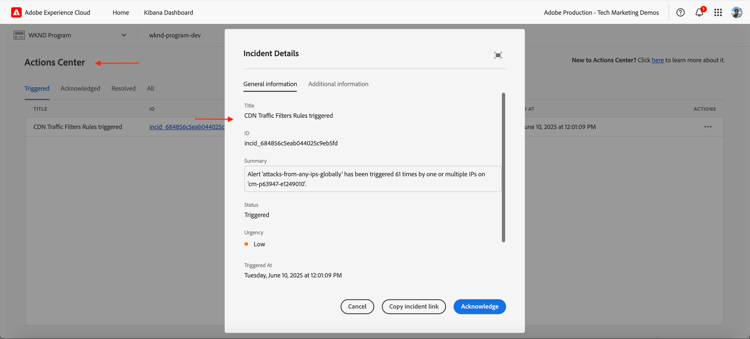Centro de ações da WKND no AEM