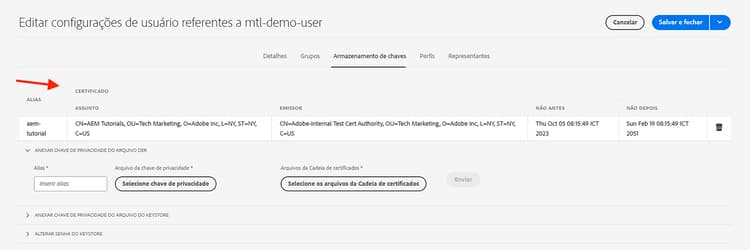 Chave privada e certificado do AEM importados