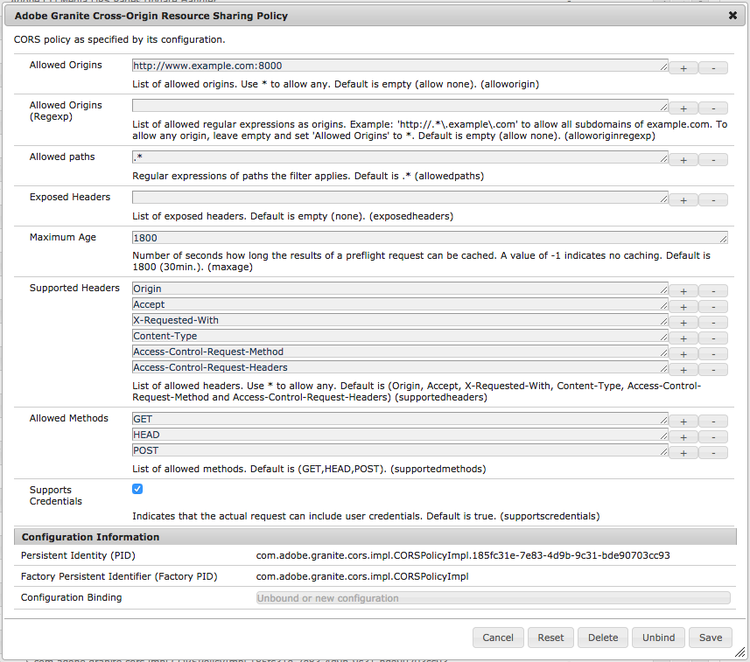 Configuração OSGi da Política de Compartilhamento de Recursos entre Origens do Adobe Granite