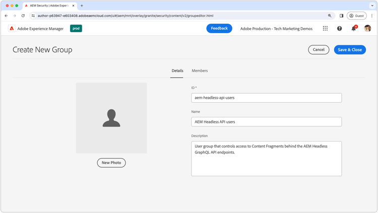 Gerenciamento de grupos de contas técnicas do AEM