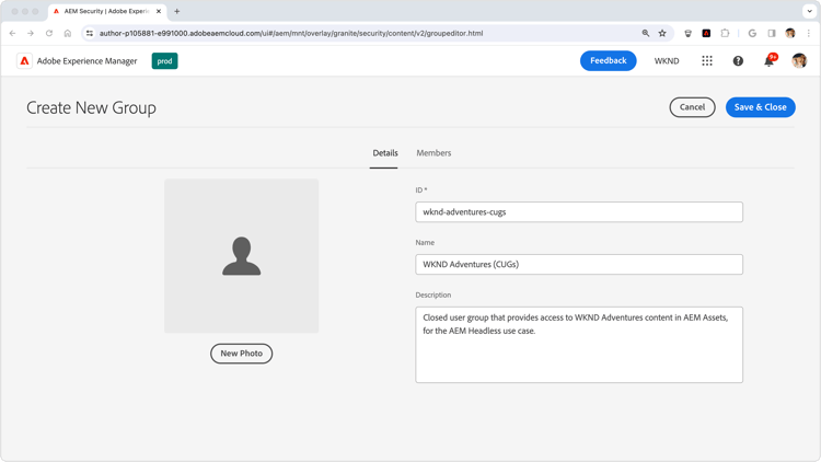 Grupo de usuários de conteúdo protegido por AEM Headless