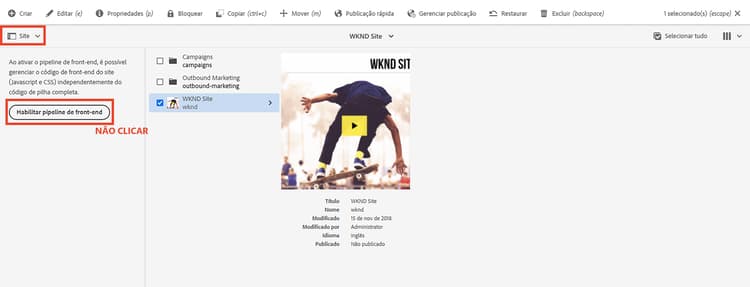Botão de habilitar pipeline de front-end