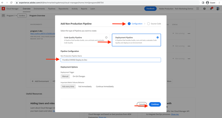 Criar Configurações De Pipeline De Front-End