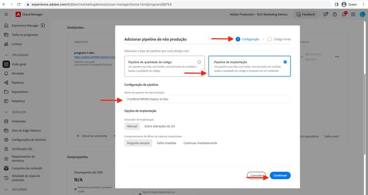 Criar configurações do pipeline de front-end