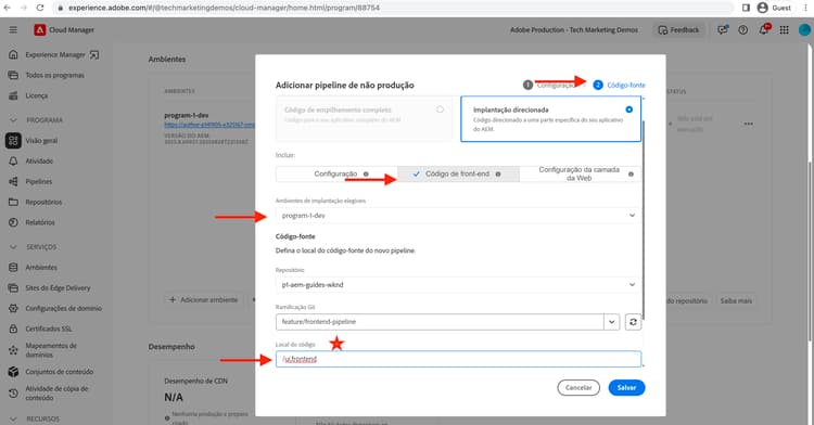 Criar código-fonte do pipeline de front-end