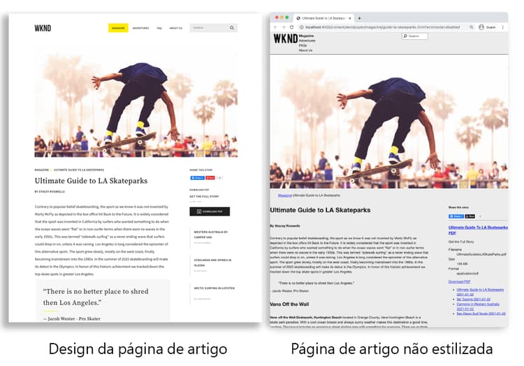 Design da página de artigo e versão não estilizada