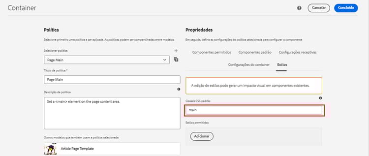 Política do container principal